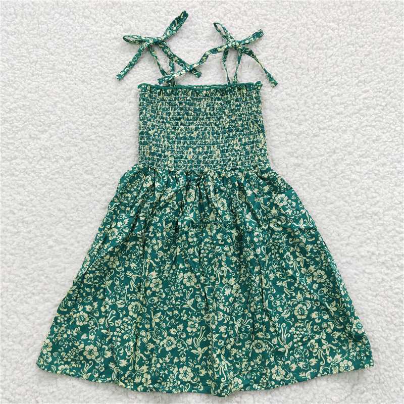 kids girls green floral spaghetti strap dress GSD0369