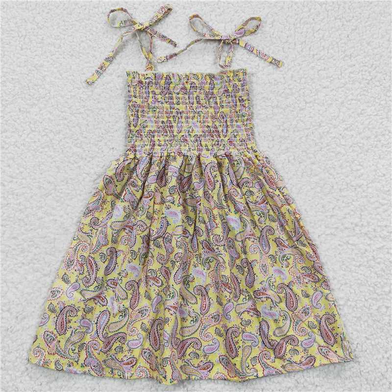 kids girls beige printed spaghetti strap dress GSD0372