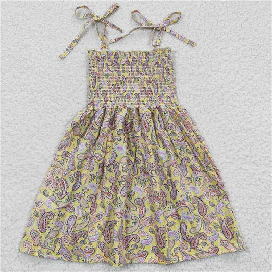 kids girls beige printed spaghetti strap dress GSD0372