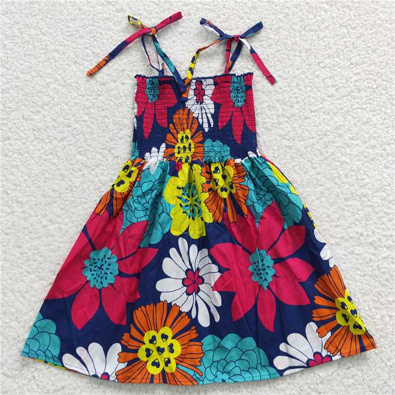 kids girls retro flower spaghetti strap dress GSD0375