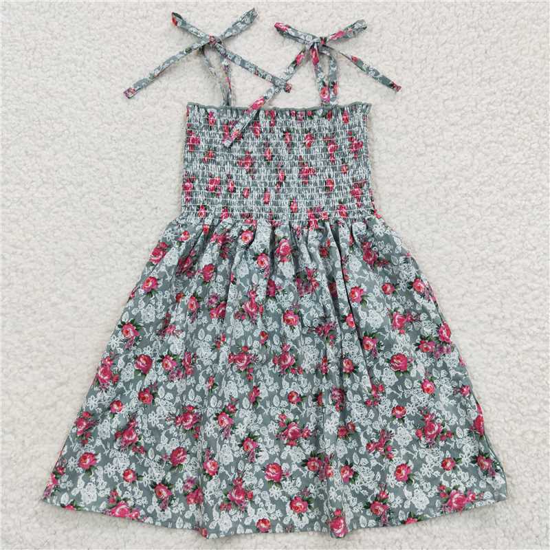 kids girls grey blue floral spaghetti strap dress GSD0378