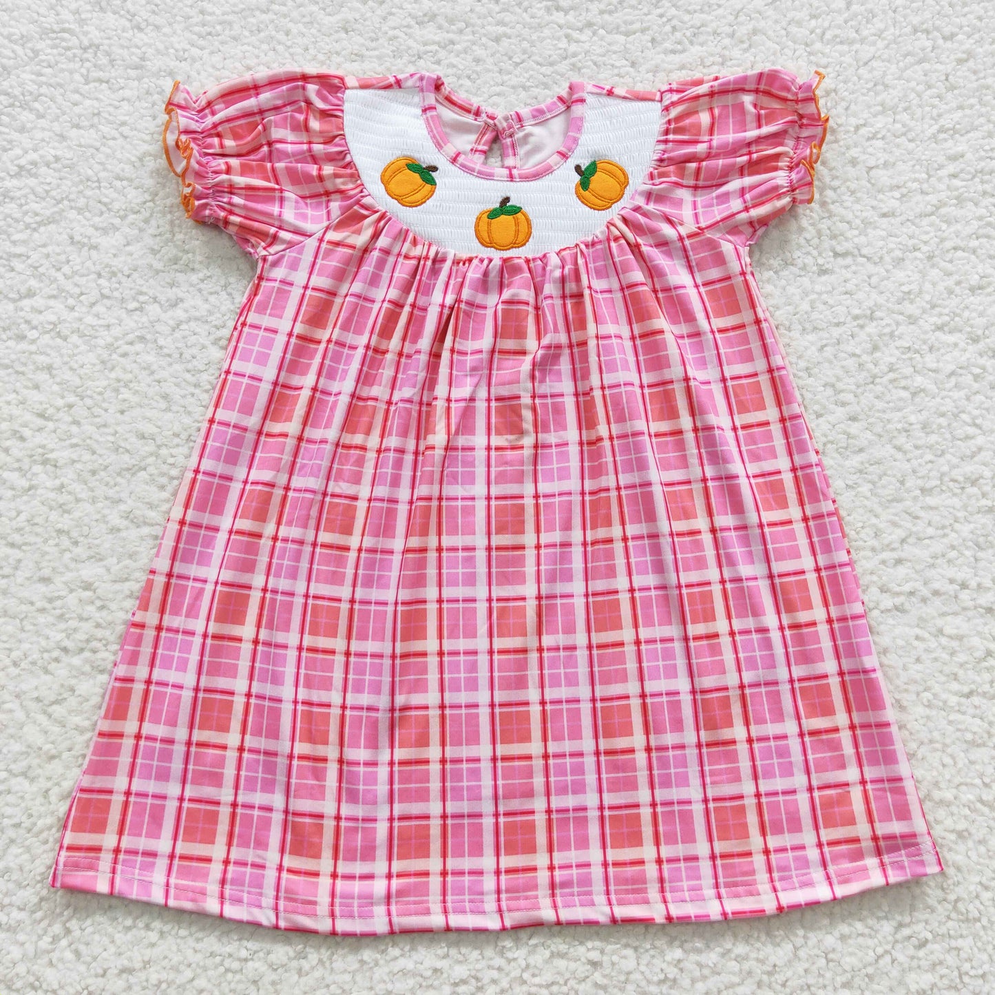 Kids girl pumpinks embroidery smocked dress GSD0423