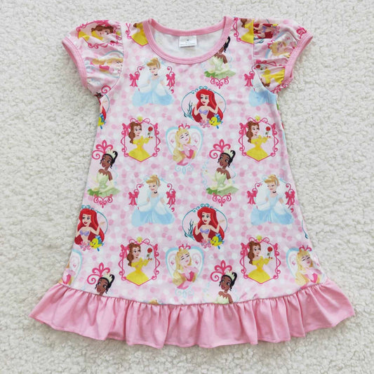 girls pink princess print ruffle lace dress GSD0426