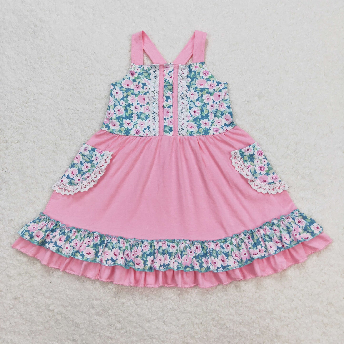 Sibling Baby Girls Strap Flowers Plaid Ruffle Knee Length Dresses