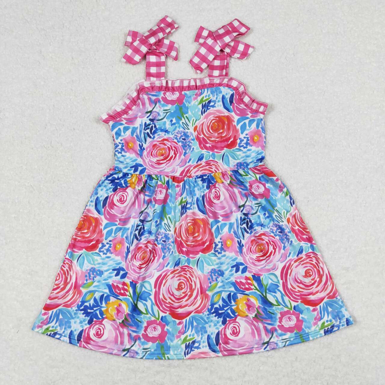 Sibling Baby Girls Straps Leopard Flowers Plaid Ruffle Knee Length Dresses