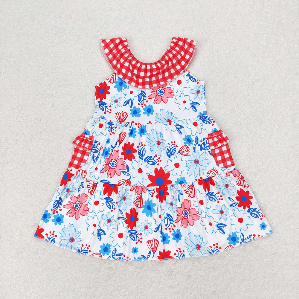 GSD1013 baby girls clothes 4th of July star patriotic summer flowers pockets dresses