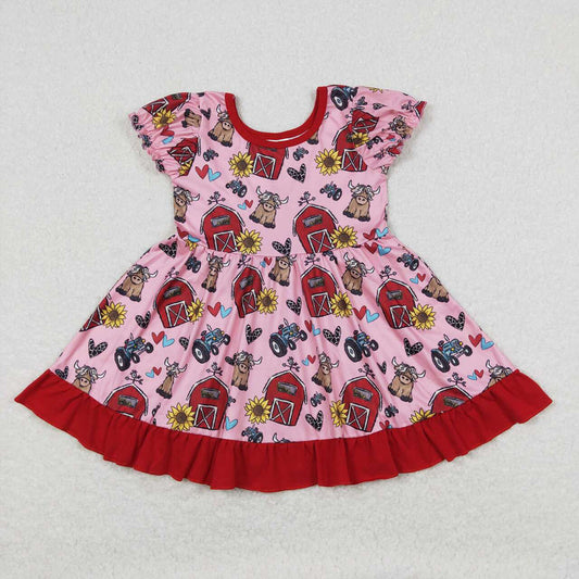 GSD1025 baby girl clothes farm loving cow ruffle knee length dresses