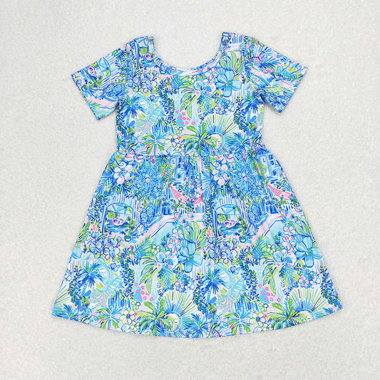 GSD1114 toddler clothes blue trees baby girl summer dresses