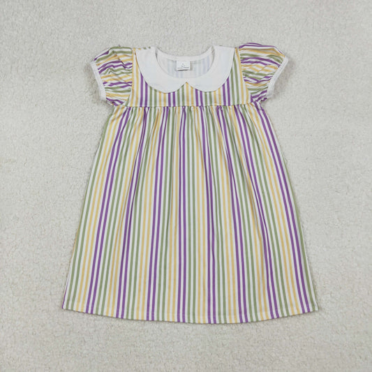 GSD1571 Baby Girls Mardigras Stripes Short Ruffle Sleeve Collar Knee Length Dresses