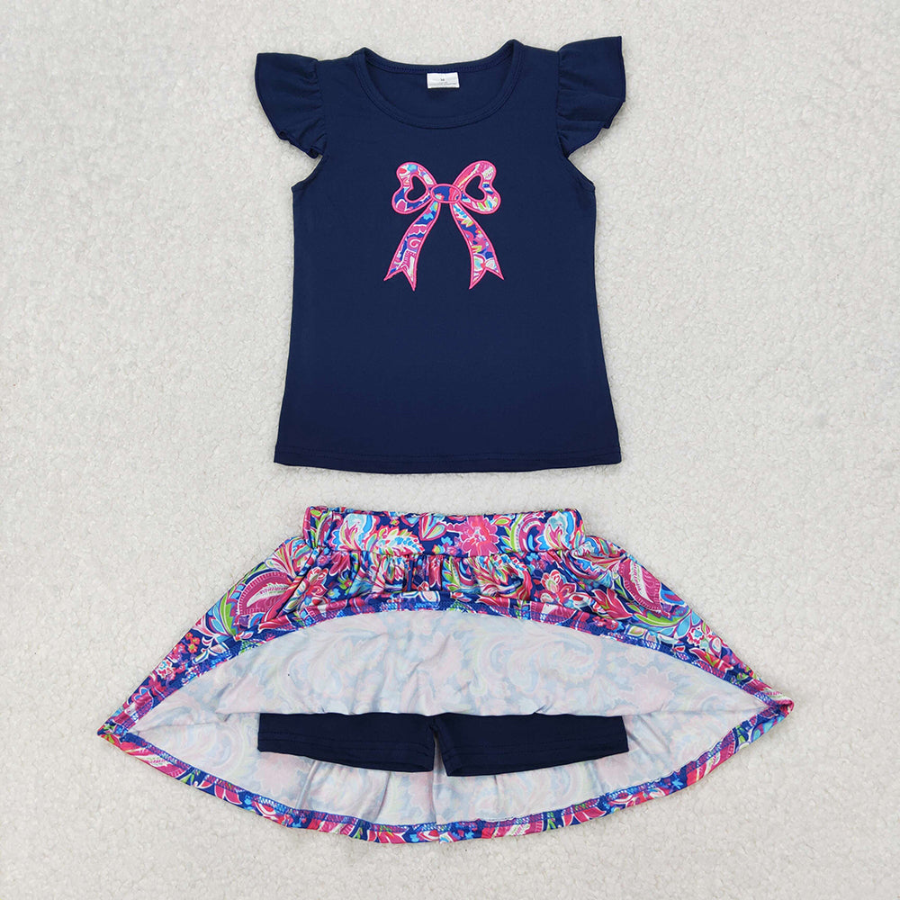 Sibling Embroidery Baby Girls Navy Bow Shirts Shorts Skirt Clothes Sets