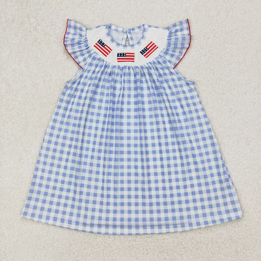 GSD1817 Girls Blue Checkered Flags Smocked Embroidery Flutter Sleeve Dresses
