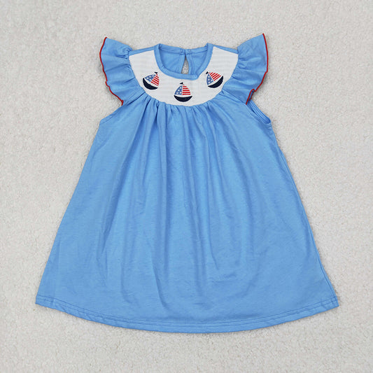 GSD1818 Girls Blue Sailboats Smocked Embroidery Flutter Sleeve Dresses