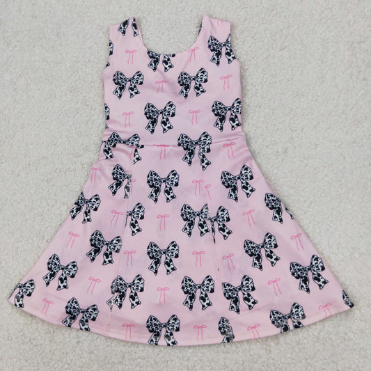 GSD1853 Baby Girls Cow Print Bows Plaid Yoga Active Shorts Knee Length Dresses