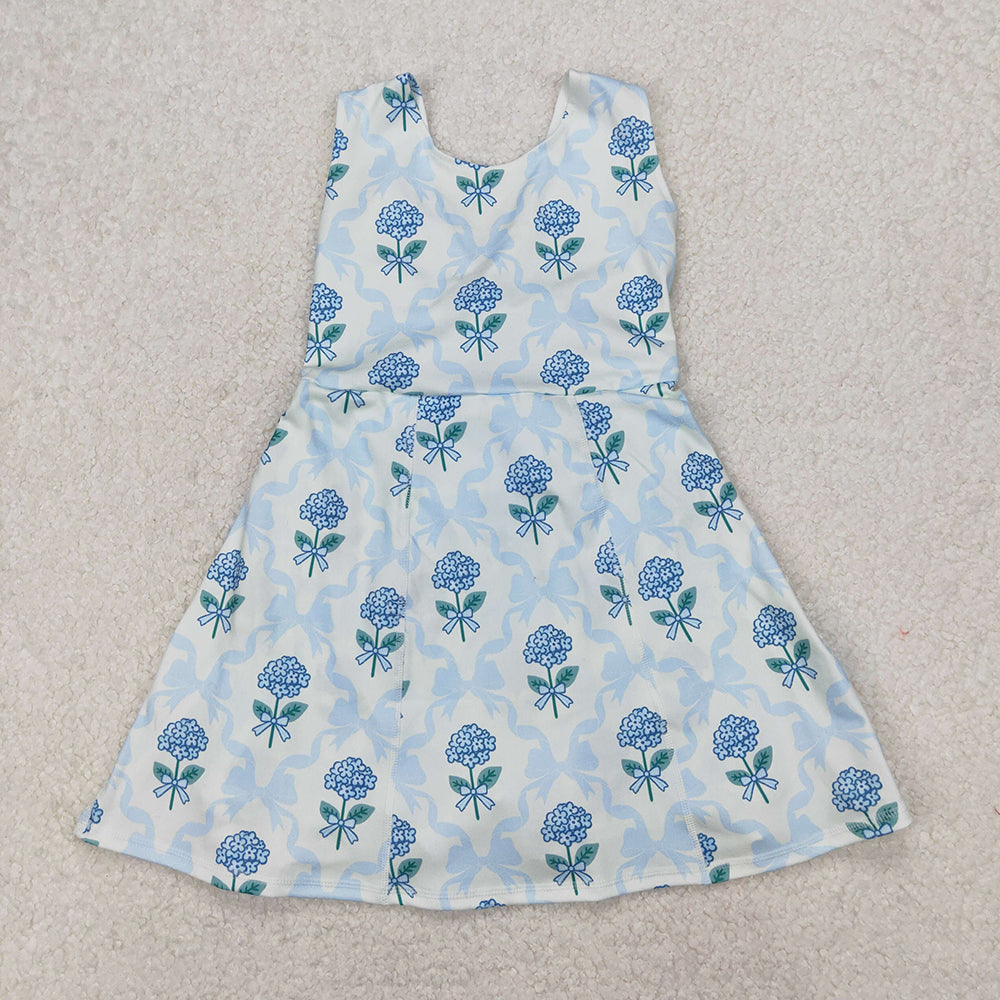 Sibling Baby Girls Blue Flowers Bows Yoga Summer Outfits