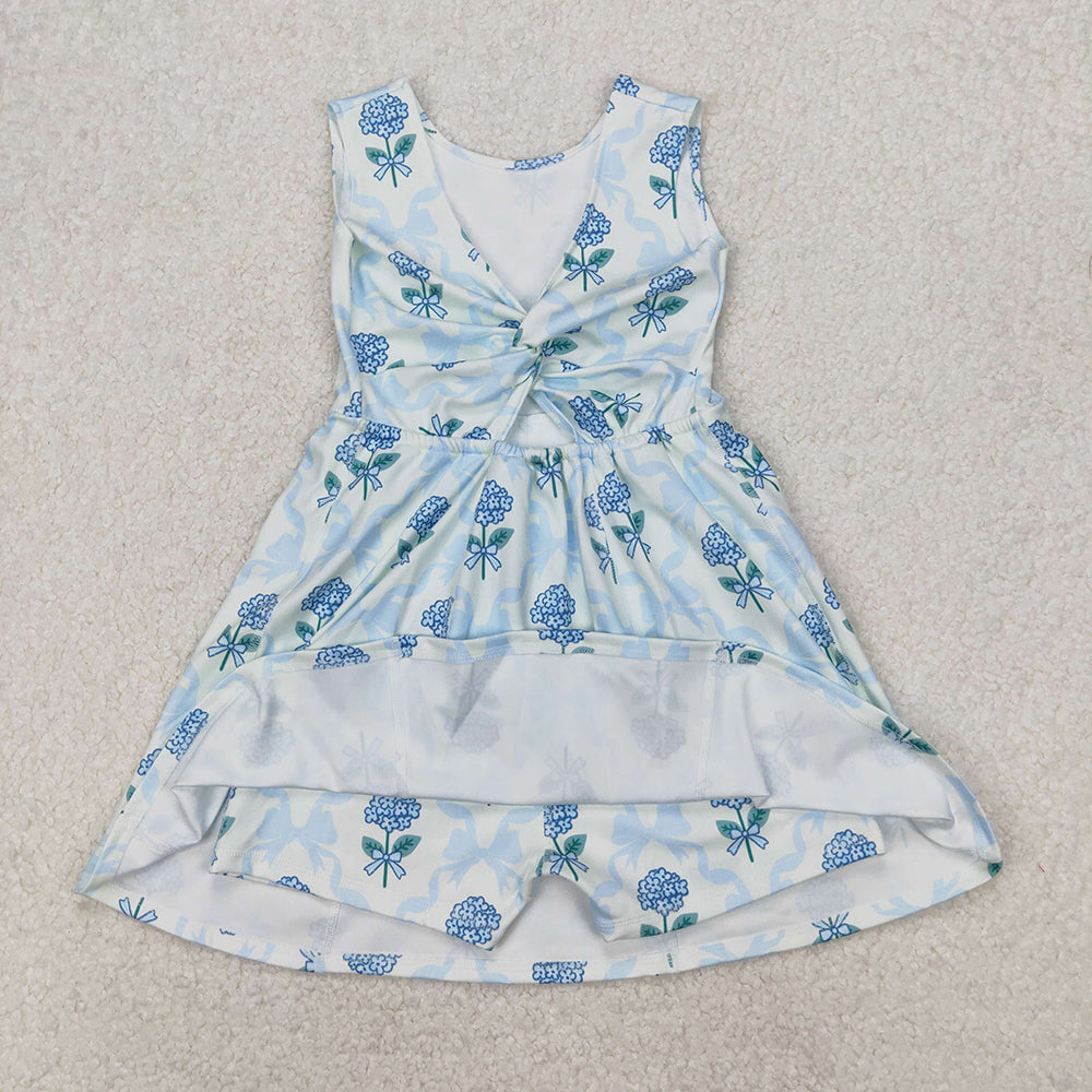 Sibling Baby Girls Blue Flowers Bows Yoga Summer Outfits