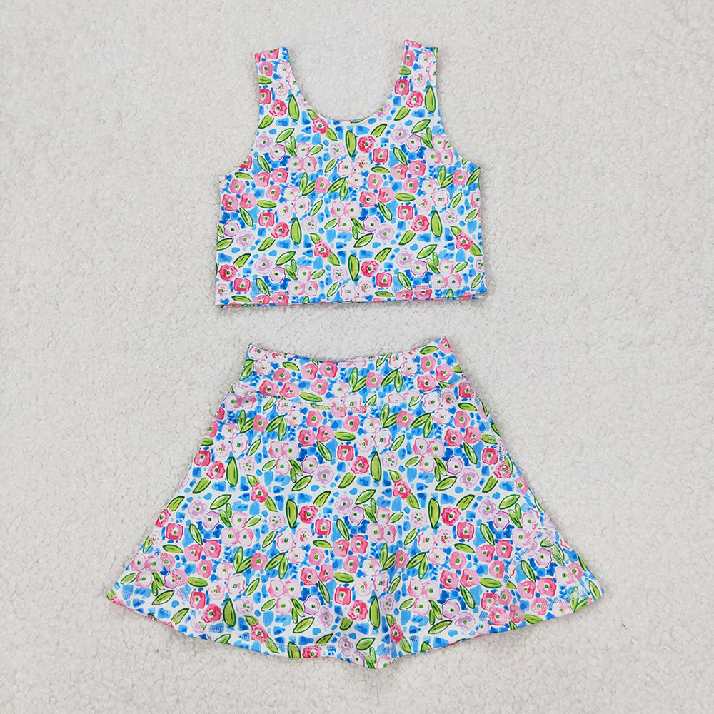 GSD1988 Baby Girls Blue Flowers Yoga Crop Top Skorts Skirts Outfits Active Sets