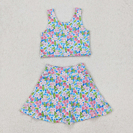 GSD1988 Baby Girls Blue Flowers Yoga Crop Top Skorts Skirts Outfits Active Sets