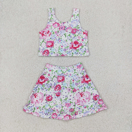 GSD1989 Baby Girls Pink Flowers Yoga Crop Top Skorts Skirts Outfits Active Sets