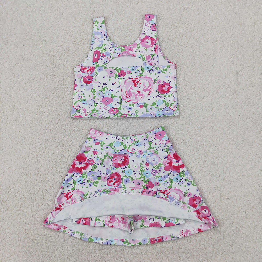 GSD1989 Baby Girls Pink Flowers Yoga Crop Top Skorts Skirts Outfits Active Sets