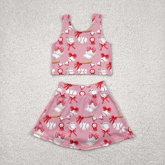 GSD2044 Baby Girls Baseball Bows Crop Top Skorts Skirts Outfits Active Sets