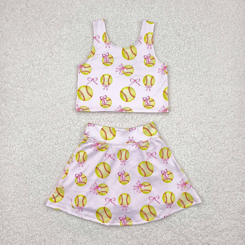 GSD2045 Baby Girls Softball Bows Crop Top Skorts Skirts Outfits Active Sets