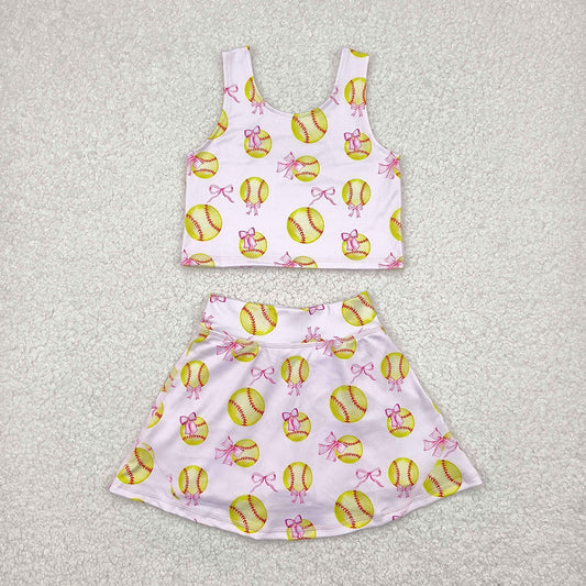 GSD2045 Baby Girls Softball Bows Crop Top Skorts Skirts Outfits Active Sets