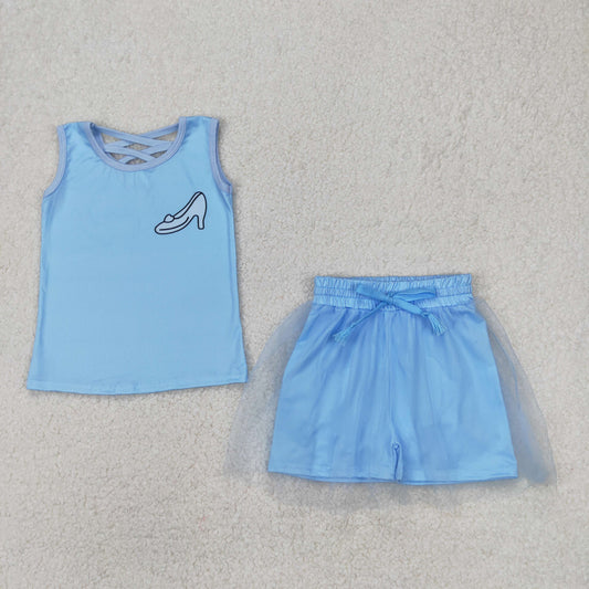 GSD2063 Baby Girls Blue Sleeveless Princess Shoes Top Tassel Shorts Clothes Sets
