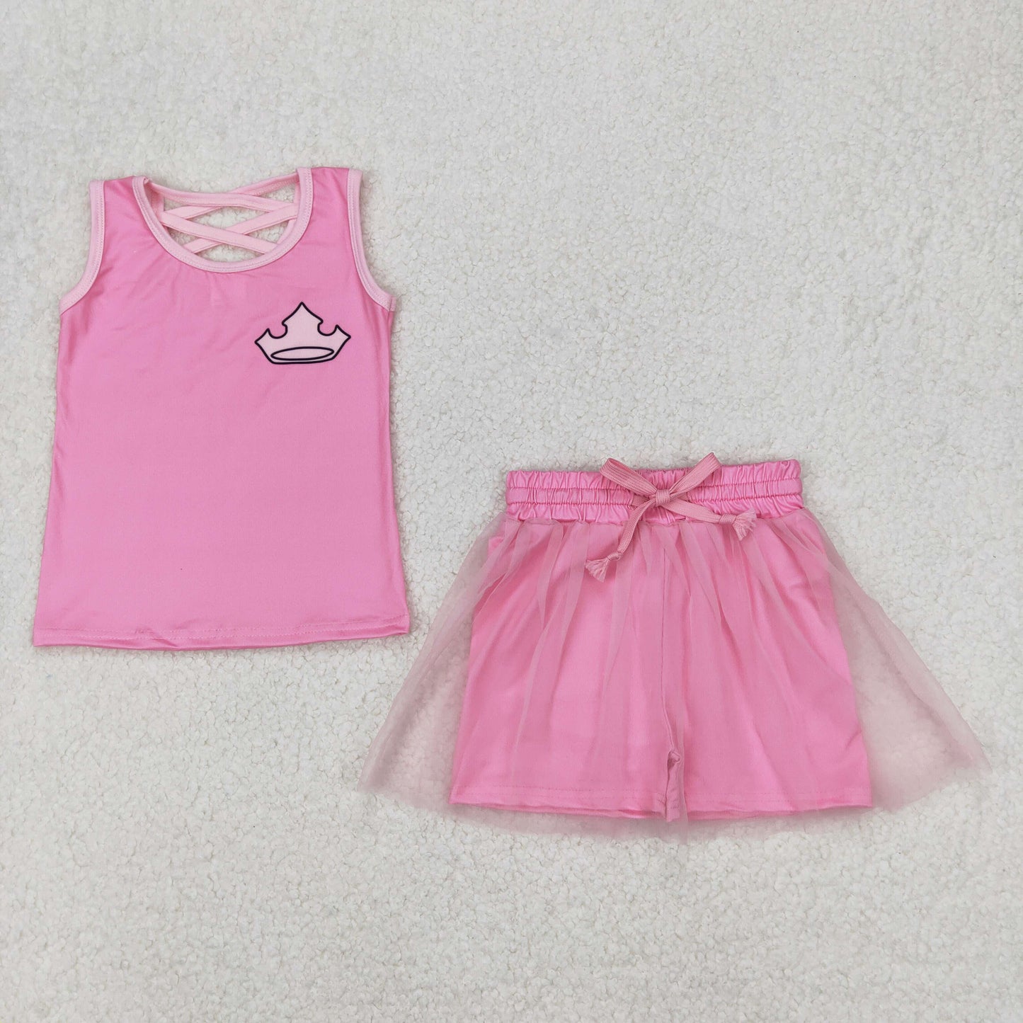 GSD2066 Baby Girls Pink Sleeveless Princess Crown Top Tassel Shorts Clothes Sets