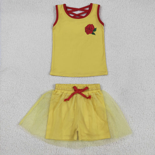 GSD2070 Baby Girls Yellow Sleeveless Princess Flowers Top Tassel Shorts Clothes Sets