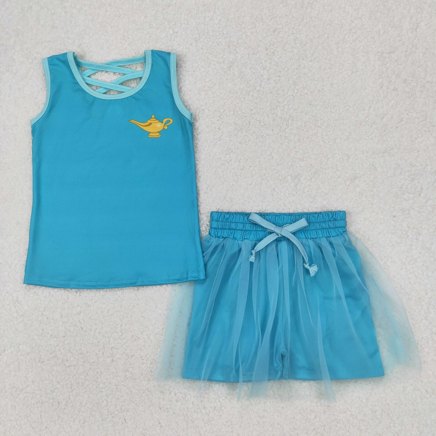 GSD2076 Baby Girls Blue Sleeveless Teapots Princess Top Tassel Shorts Clothes Sets