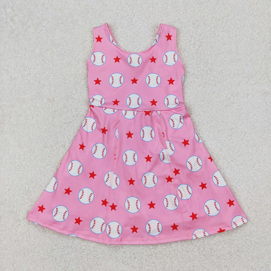 GSD2135 Baby Girls Baseballs Stars Team Yoga Active Shorts Knee Length Dresses