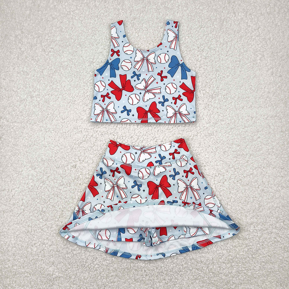 GSD2151 Baby Girls Softball 4th of july Bows Crop Top Skorts Skirts Outfits Active Sets