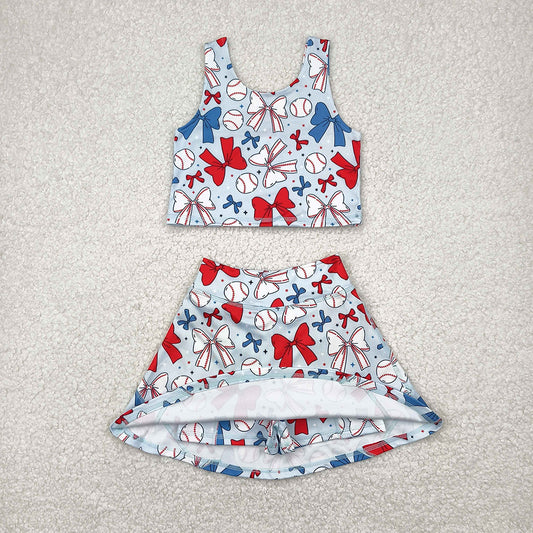 GSD2151 Baby Girls Softball 4th of july Bows Crop Top Skorts Skirts Outfits Active Sets