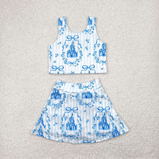 GSD2198 Baby Girls Blue Castle Yoga Crop Top Skorts Skirts Outfits Active Sets
