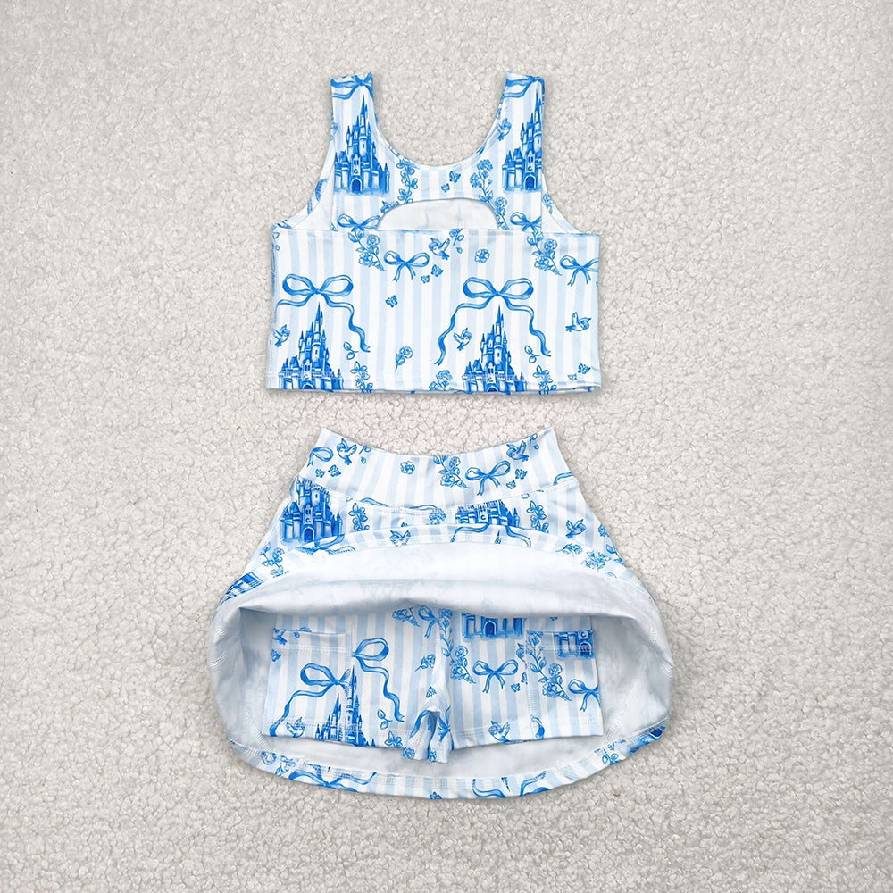 GSD2198 Baby Girls Blue Castle Yoga Crop Top Skorts Skirts Outfits Active Sets