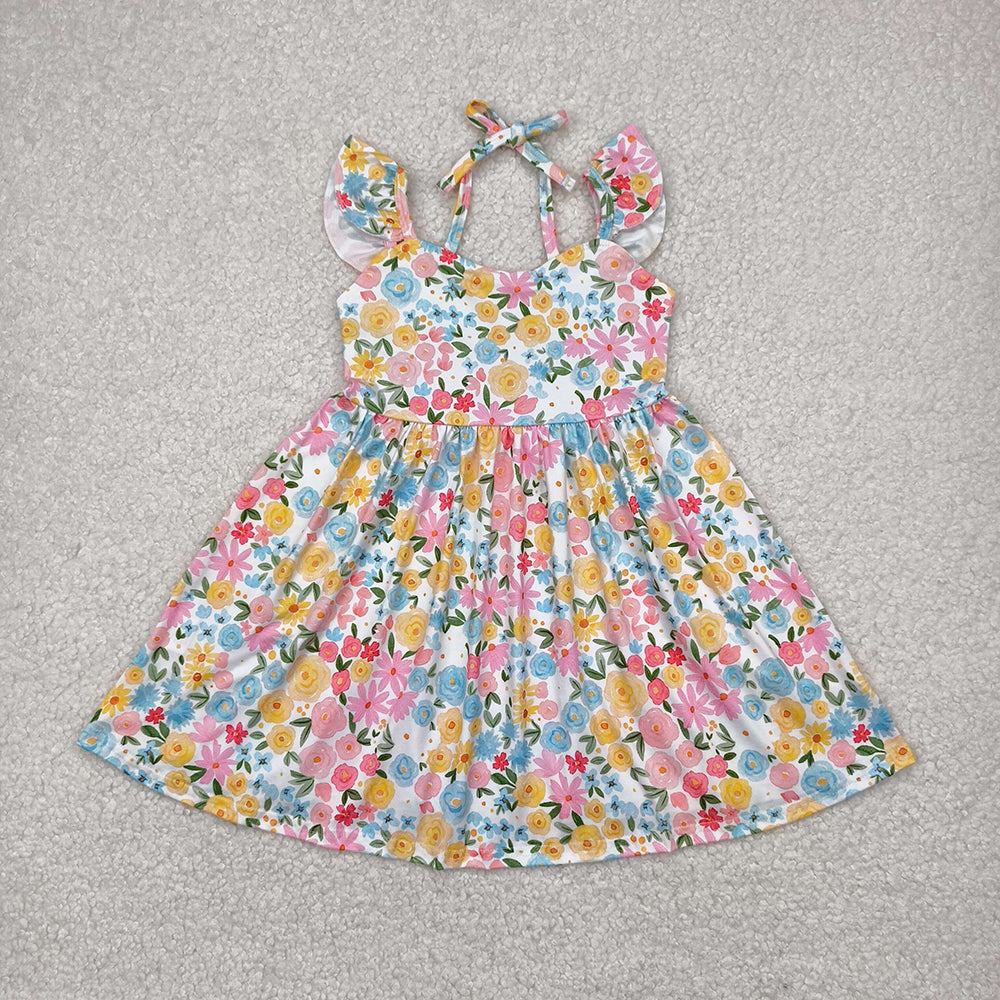 Sibling Baby Girls Flutter Sleeves Floral Backless Bow Knee Length Dresses