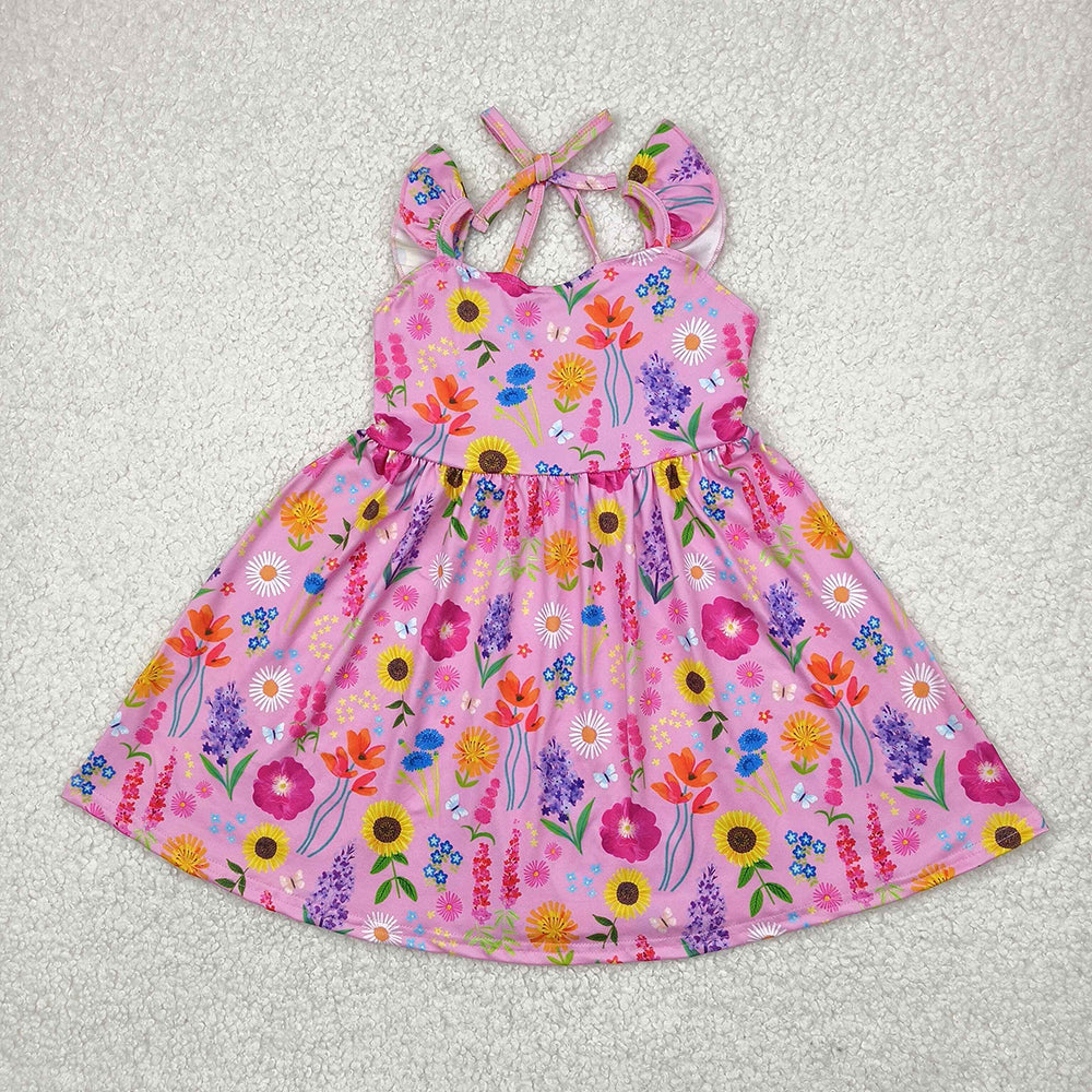 Sibling Baby Girls Flutter Sleeves Floral Backless Bow Knee Length Dresses