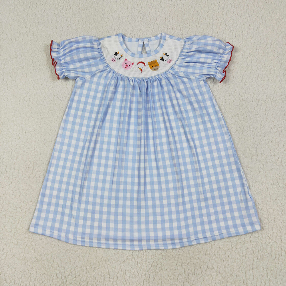 GSD2275 Girls Blue Checkered farm animals Smocked Embroidery Dresses