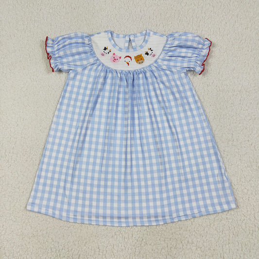 GSD2275 Girls Blue Checkered farm animals Smocked Embroidery Dresses