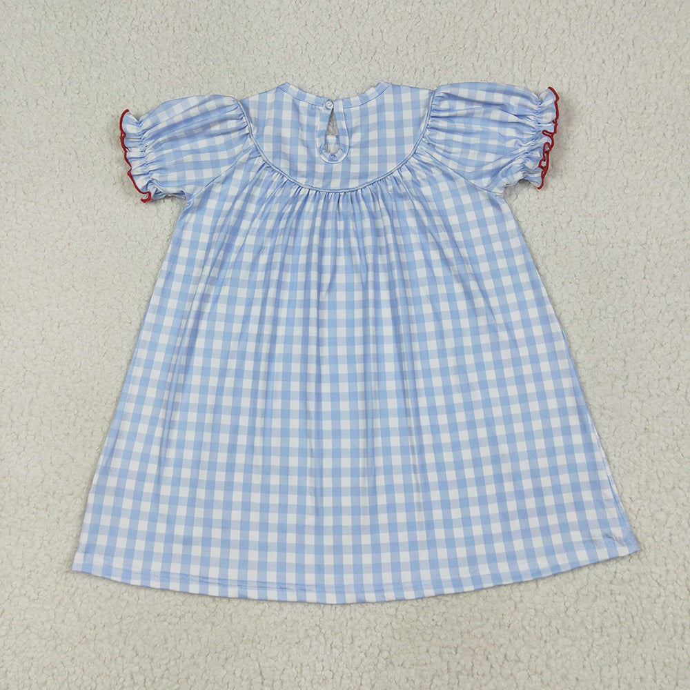 GSD2275 Girls Blue Checkered farm animals Smocked Embroidery Dresses