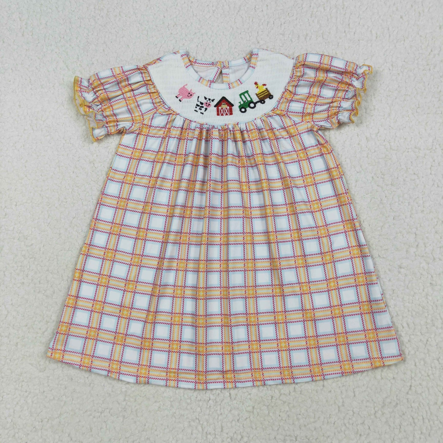 GSD2276 Girls Khaki Checkered farm animals Smocked Embroidery Dresses