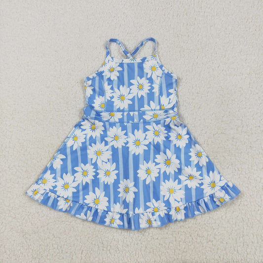 GSD2283 Baby Girls Blue Stripe Flowers Shorts Yoga Active Ruffle Knee Length Dresses