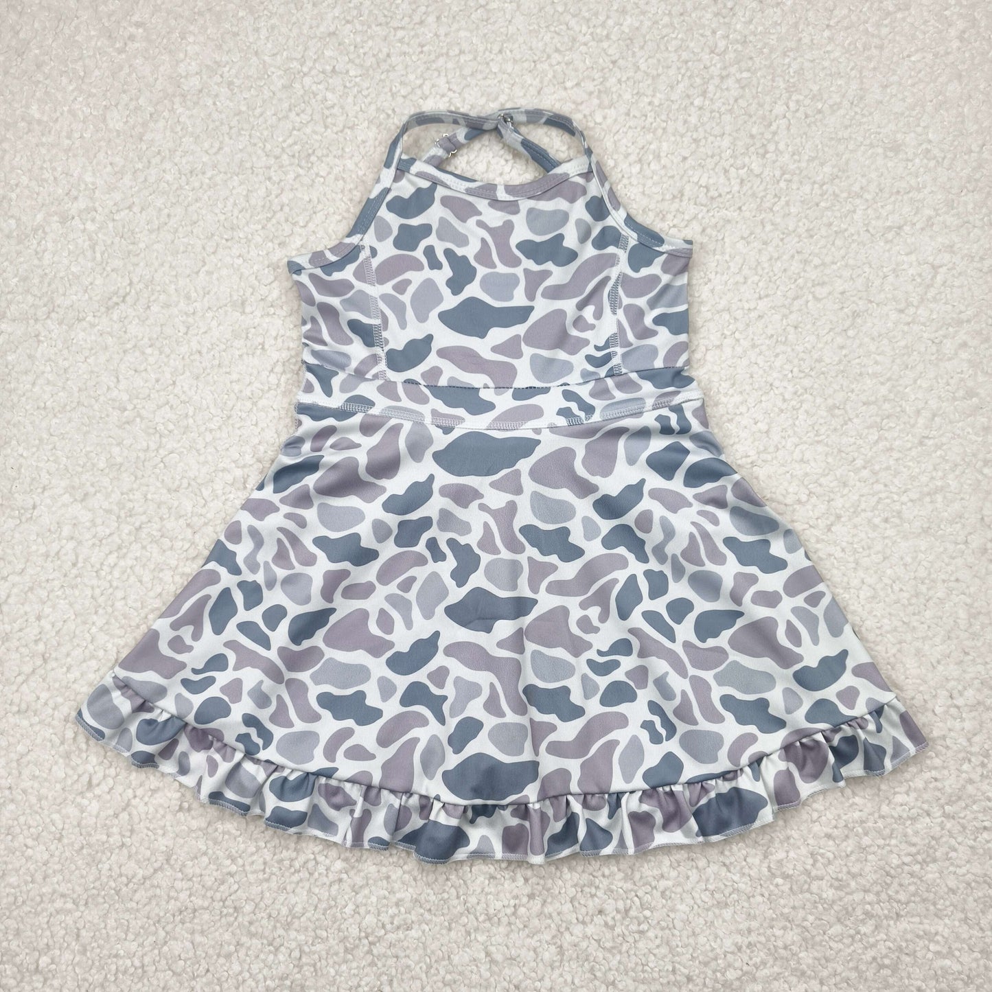 Sibling Baby Girls Strap Bows Floral Camo Print Yoga Activity Wear Ruffle Knee Length Dresses