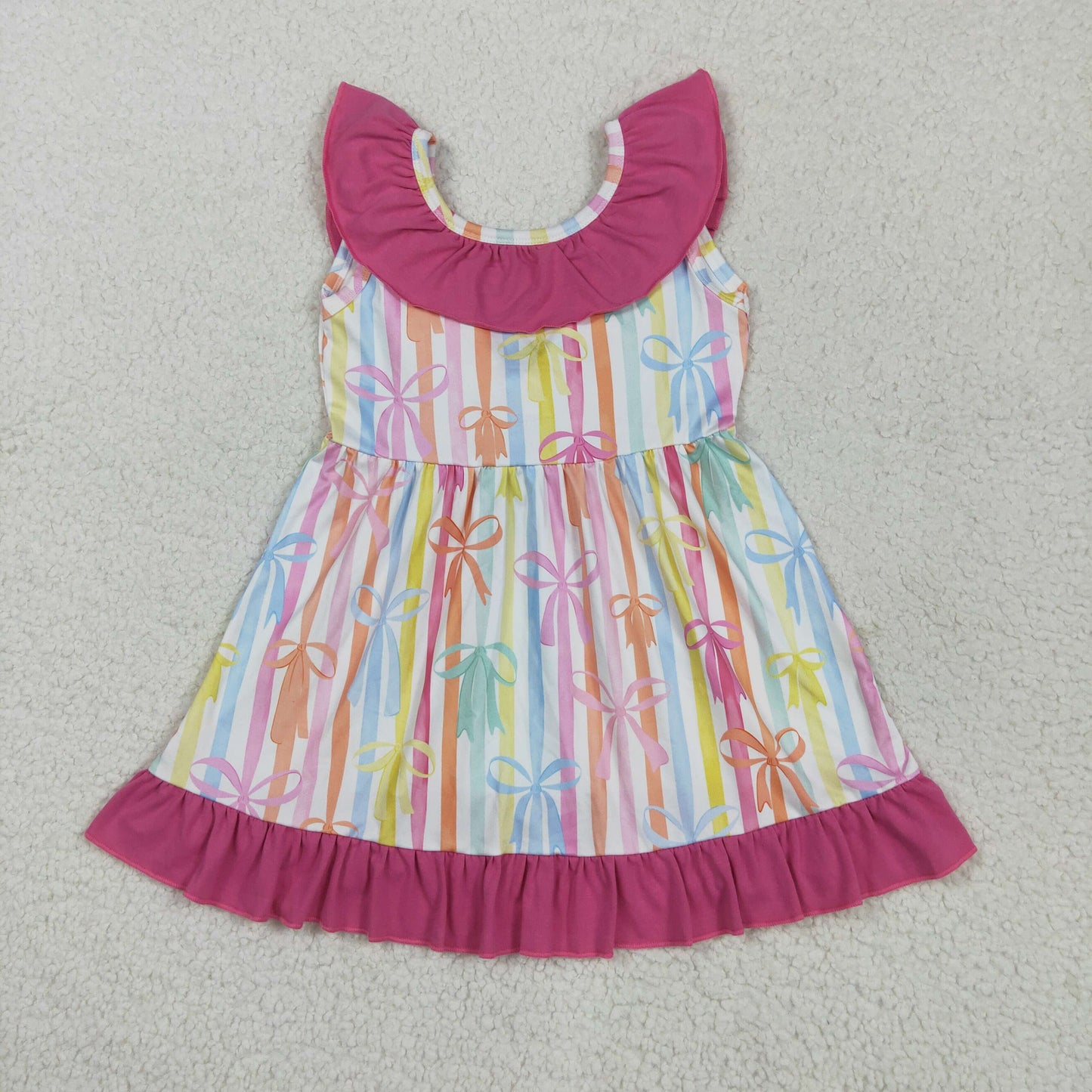Sibling Baby Girls Sleeveless Colorful Stripe Bows Top Shorts Sets Knee Length Dresses