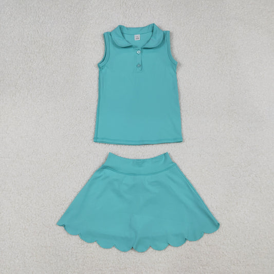 GSD2349 Baby Girls Aqua Button Vest Top Skirt Shorts Yoga Active Clothes Sets