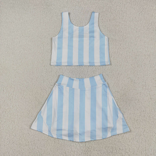 GSD2433 Baby Girls Blue Stripes Yoga Crop Top Skorts Skirts Outfits Active Sets