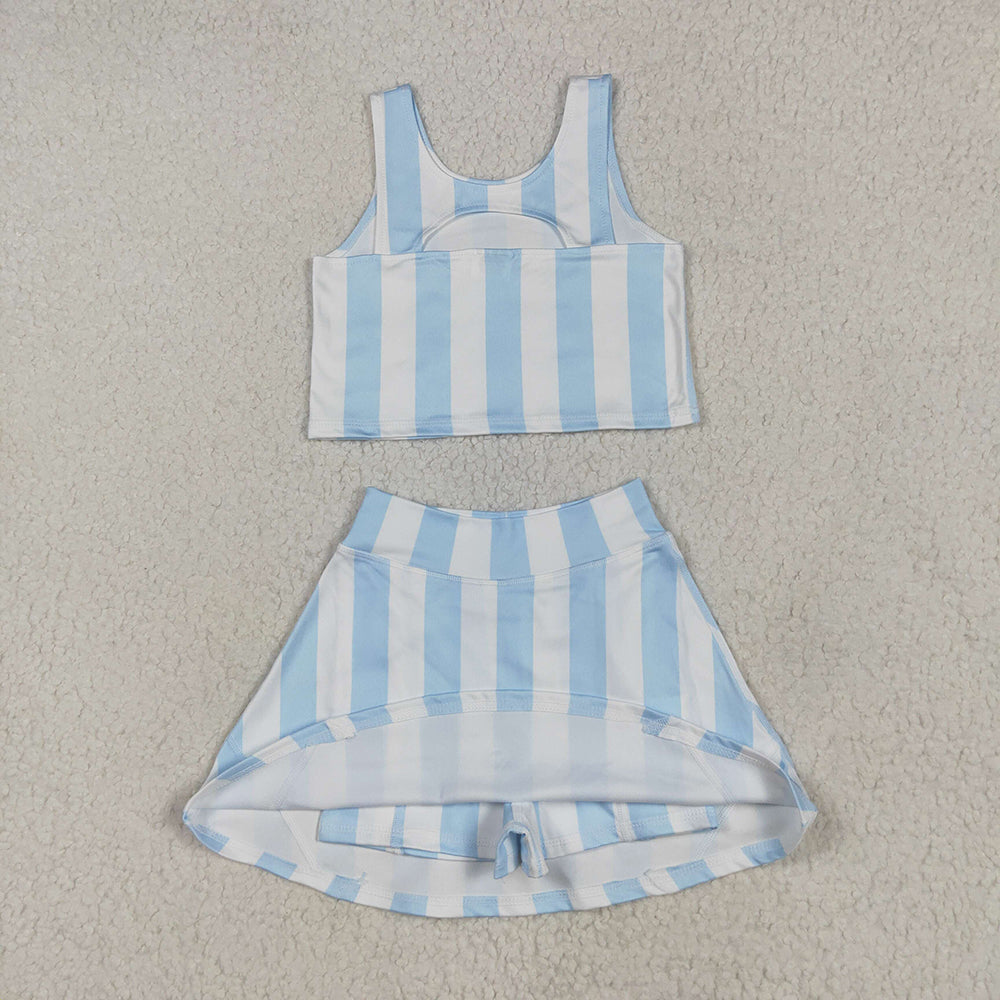 GSD2433 Baby Girls Blue Stripes Yoga Crop Top Skorts Skirts Outfits Active Sets