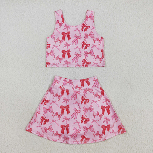 GSD2459 Baby Girls Pink Bows Yoga Crop Top Skorts Skirts Outfits Active Sets