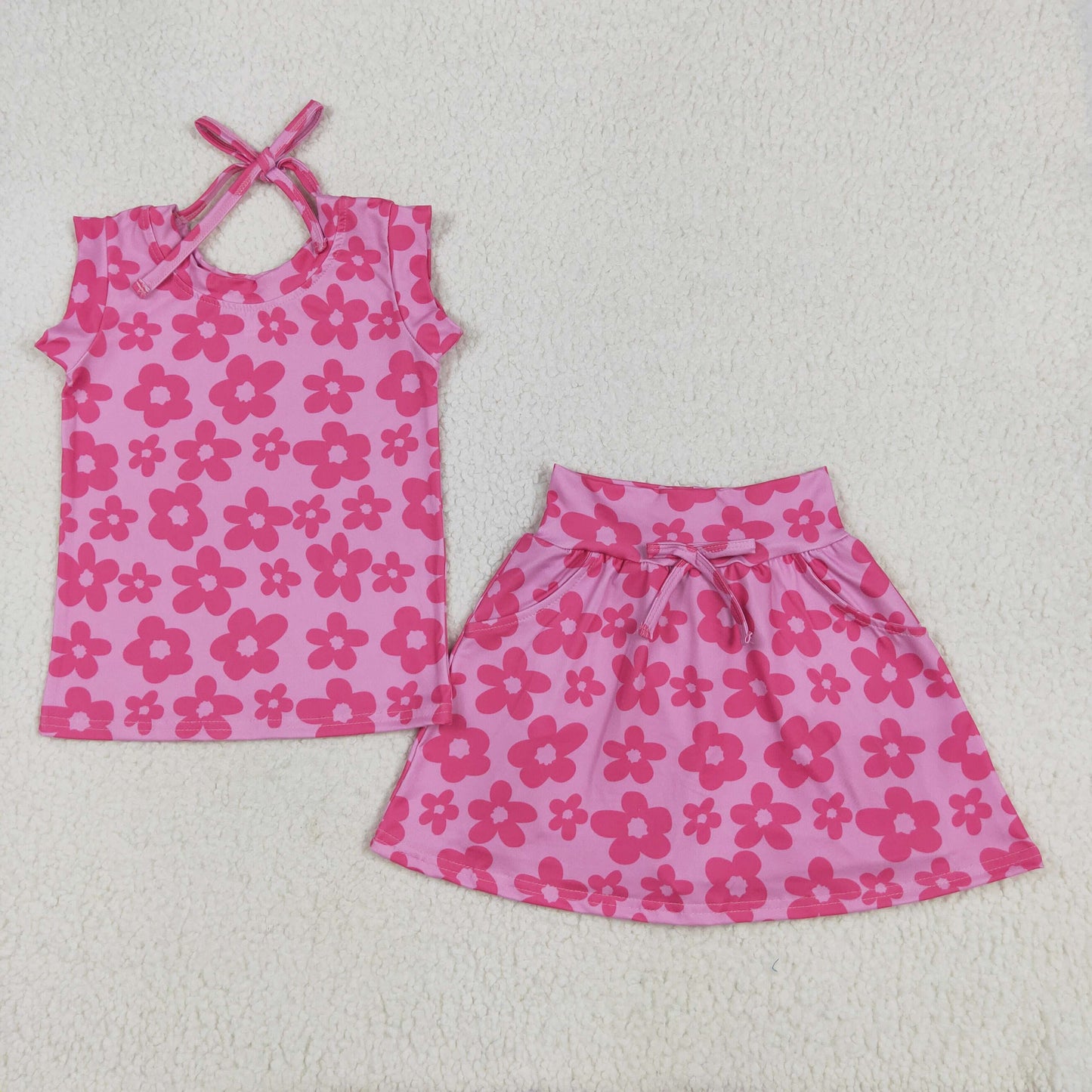 Sibling Baby Girls Pink Sleeveless Flowers Plaid Shirts Top Skorts Clothes Sets
