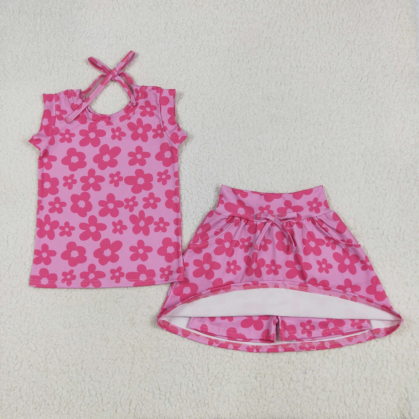 Sibling Baby Girls Pink Sleeveless Flowers Plaid Shirts Top Skorts Clothes Sets